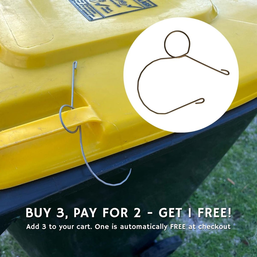 Bin Clip stainless steel wheelie bin lid clip installed on a 240L wheelie bin in Australia. FREE Shipping.