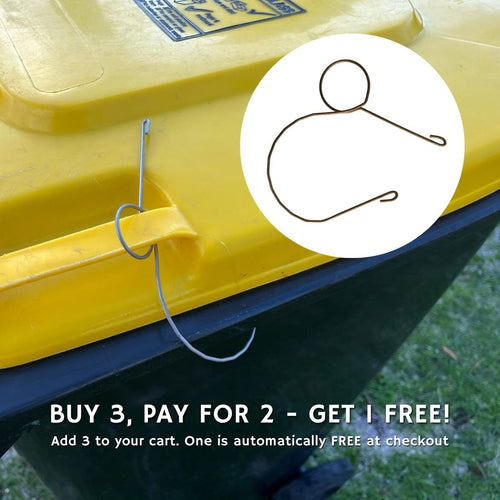 Bin Clip stainless steel wheelie bin lid clip installed on a 240L wheelie bin in Australia. FREE Shipping.