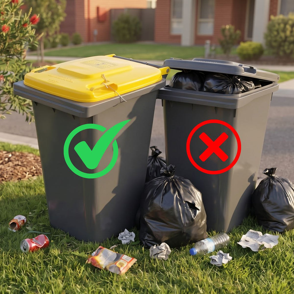 Bin with a Bin Clip, and a bin without a bin clip - lid won't close, and rubbish has spilled out.