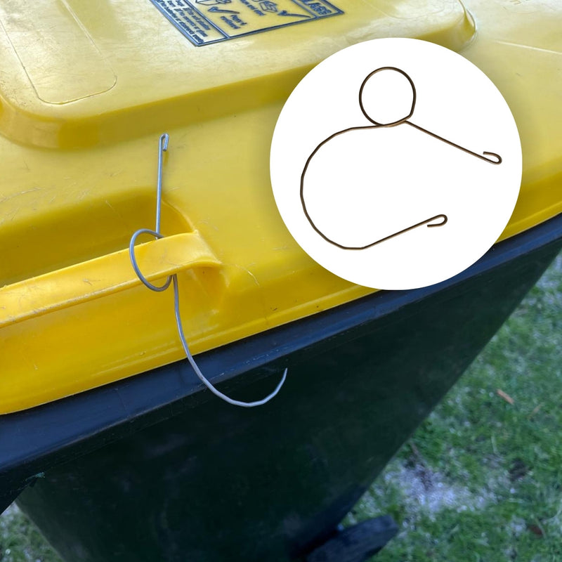Bin Clip stainless steel wheelie bin lid clip installed on a 240L wheelie bin in Australia