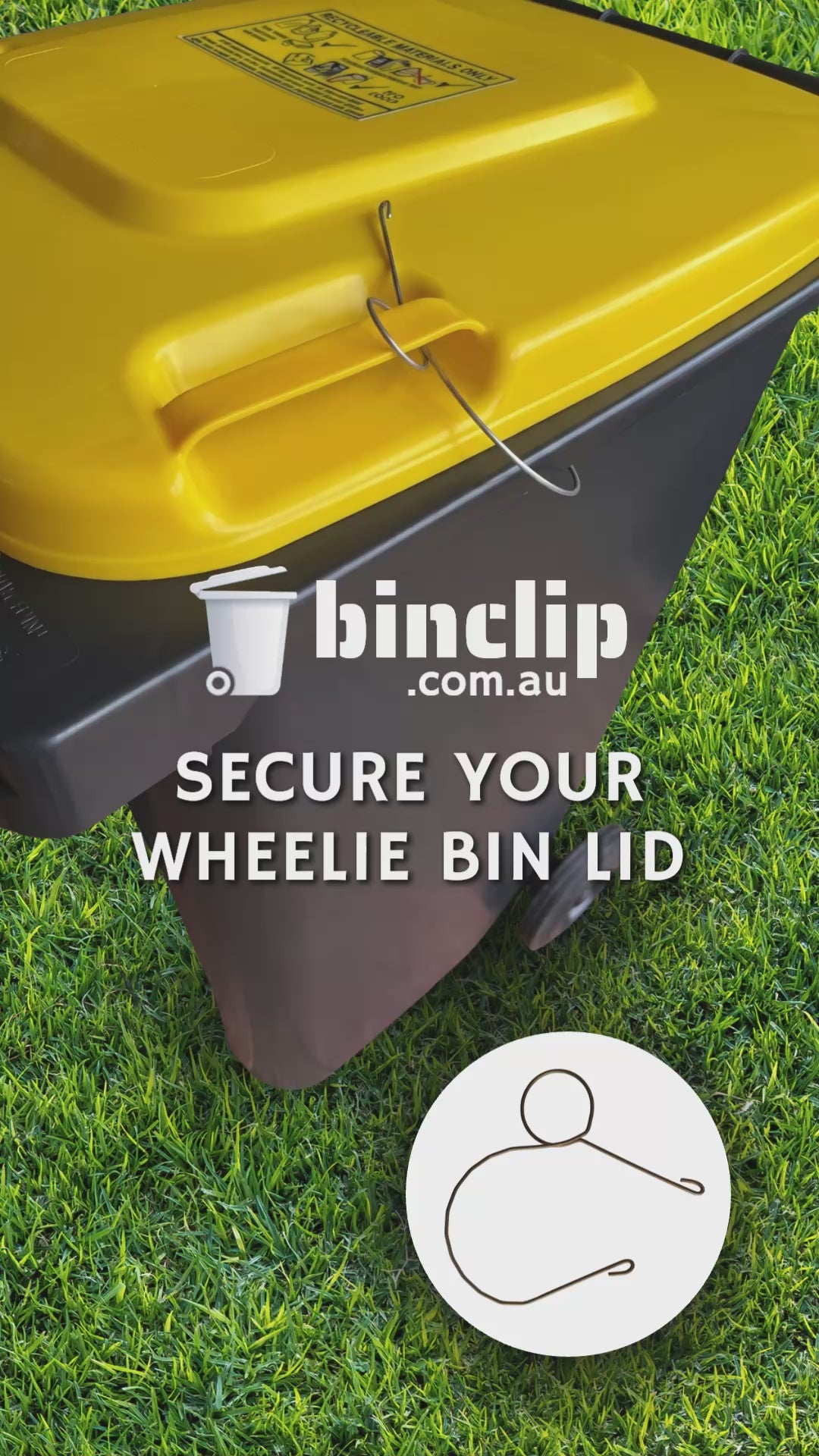 Bin Clip. Secure your wheelie bin lid. Protect against strong wind and wildlife. Automatic release on collection. Australian Made. FREE Shipping.