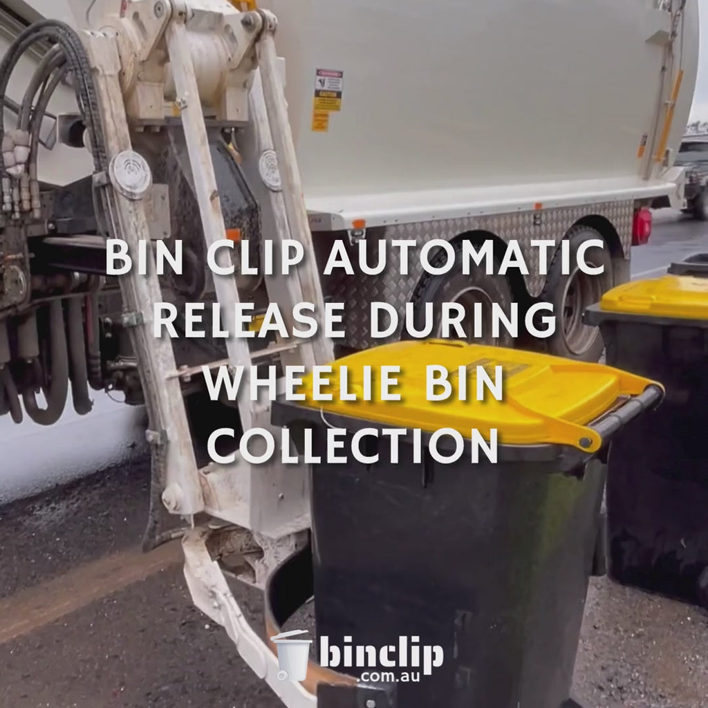 Video showing the Australian-made Bin Clip automatically releasing during wheelie bin collection by a garbage truck.