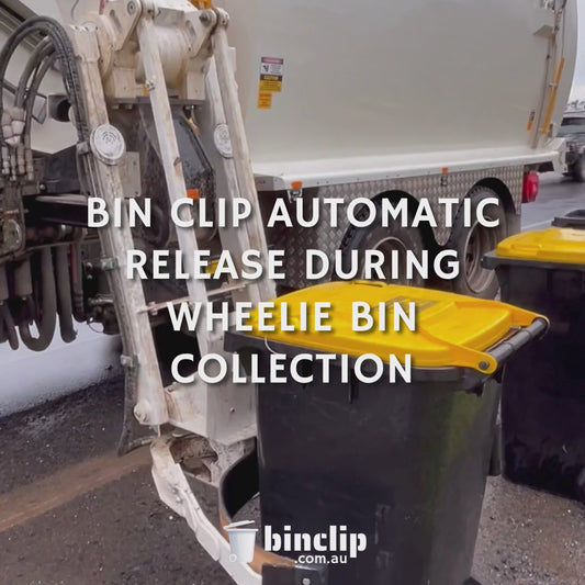 Video showing the Australian-made Bin Clip automatically releasing during wheelie bin collection by a garbage truck.